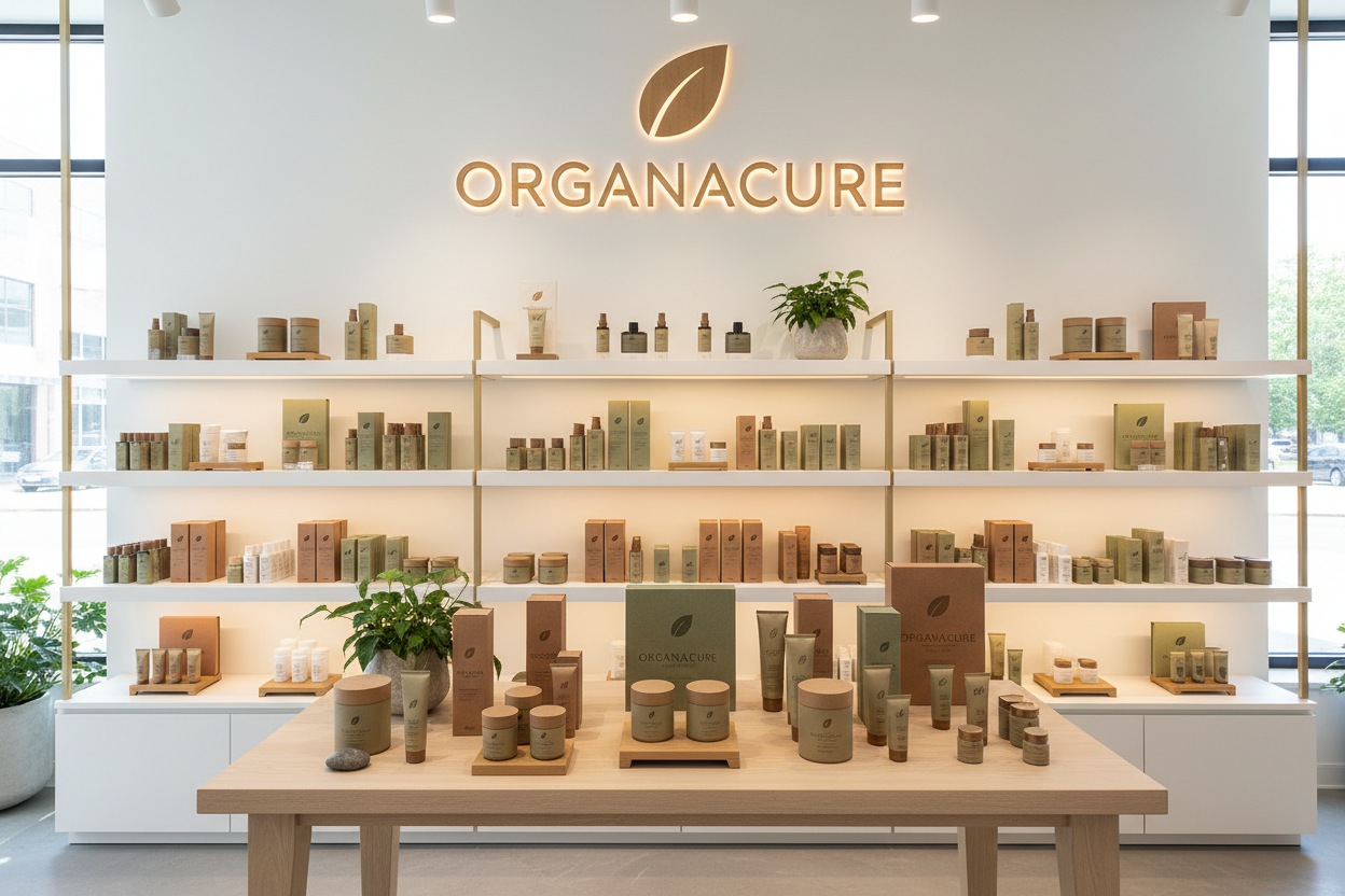 Create a photo inside of a store of a bunch of topical products with organic cure logo and name on them and on the store