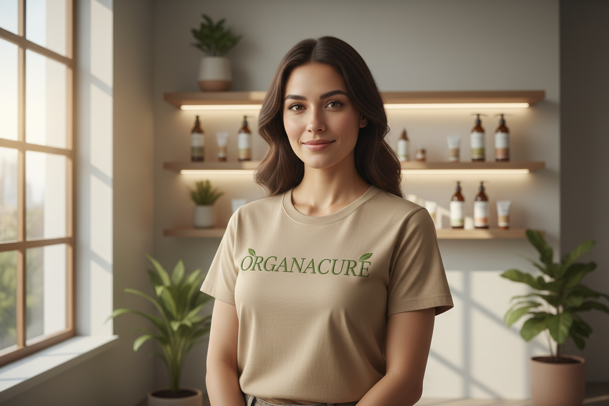 Show a picture of a doctor with an organic T-shirt on promoting the ORGANACURE topical brand.