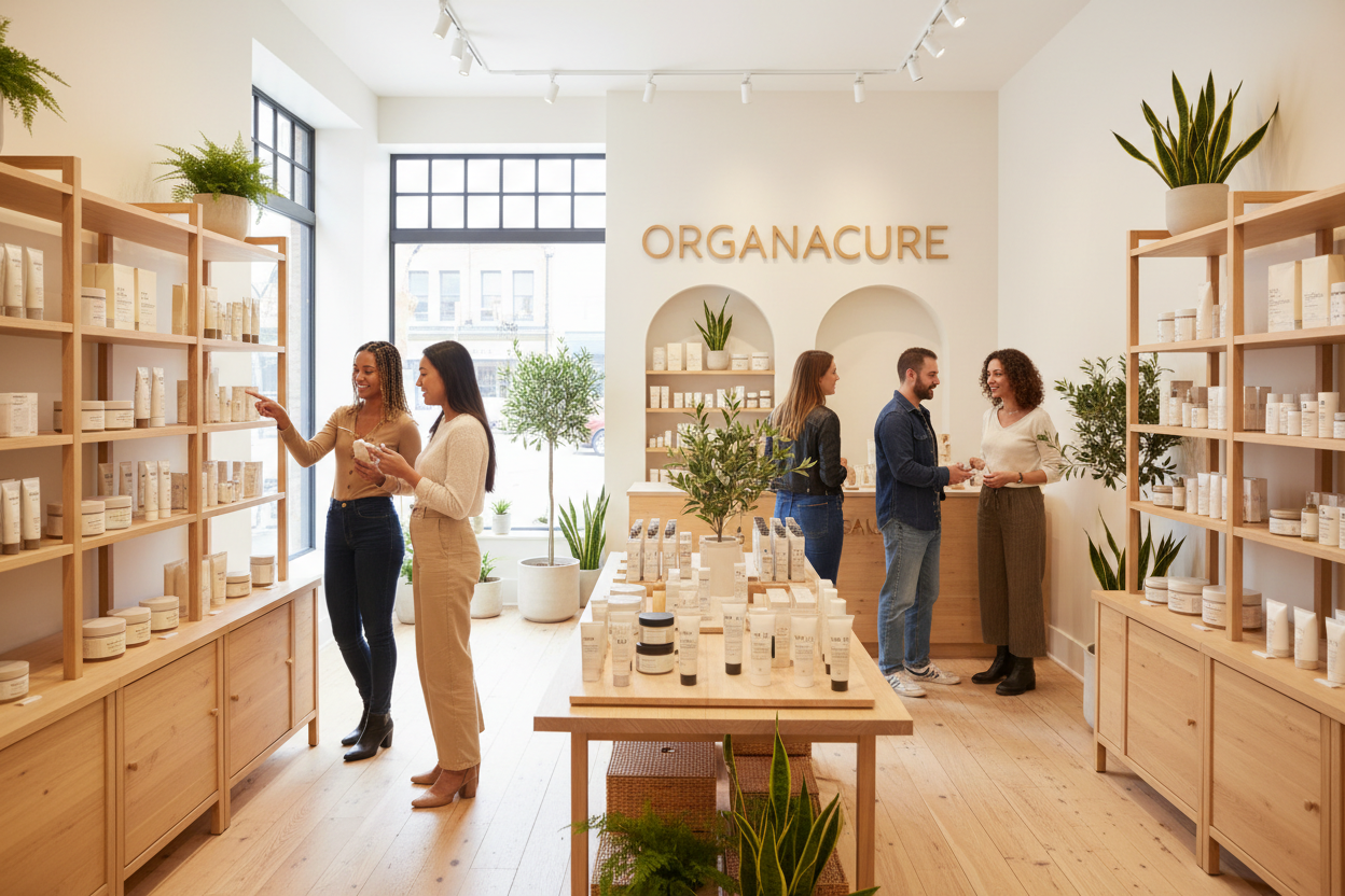 Show the photo that you created of a bunch of people looking at organic care products in a store and they’re all topical with the brand in the background